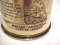 Shell IN FLANDERS' FIELDS with view of a cemetery,engraved at right of Negley's poem. Below: MEUSE-ARGONNE Sept. 26-Nov.11