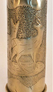 Shell with two deer venturing in the open. Stippled background.