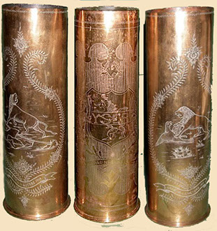 Three shell engraved. The Lion of Flanders defends the flag, defeats the German Eagle. One shell with Yser and various towns