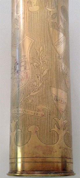 Shell Lion of Flanders. Shields engraved DUFFEL, WAVRE, ST. CATH., HOMBEEK,WEEDE, SCHIPLAEKEN, TIRLEMONT. Bunch of poppies.