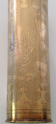 Shell Lion of Flanders. Shields engraved DUFFEL, WAVRE, ST. CATH., HOMBEEK,WEEDE, SCHIPLAEKEN, TIRLEMONT. Bunch of poppies.