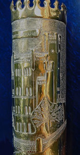 Upper band with TRIESTE MIRAMAR. castle and trees, stonewalls, balustrades, lawn