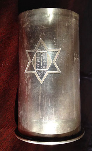 German RhMF shell engraved by Raphael A. Shalem, a BEZALEL student. This side has the Commandments tablets in&nbsp; the Star of David. 