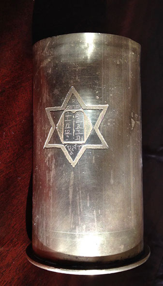 German RhMF shell engraved by Raphael A. Shalem, a BEZALEL student. This side has the Commandments tablets in&nbsp; the Star of David. 