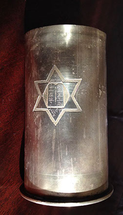 German RhMF shell engraved by Raphael A. Shalem, a BEZALEL student. This side has the Commandments tablets in&nbsp; the Star of David. 
