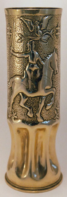 JShell with Joan of Arc riding a horse, sword up . Holy dove above.