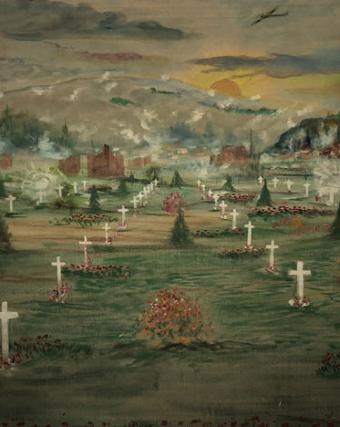 Painting from the fifties depicting a WWI cemetery: White crosses, ruined building, exlosions, as WWII bombers fly over a hilly landscape.