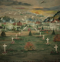Painting from the fifties depicting a WWI cemetery: White crosses, ruined building, exlosions, as WWII bombers fly over a hilly landscape.