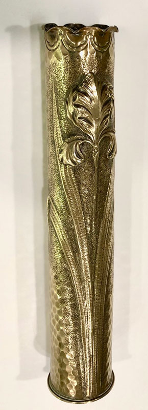 On a dappled and speckled background, with a pie crust top. Heavily varnished. H 14". Franch shell dated 1889-like the Eiffel tower.