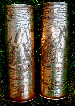 Pair of shells with sailing boats done with dot punches technique.