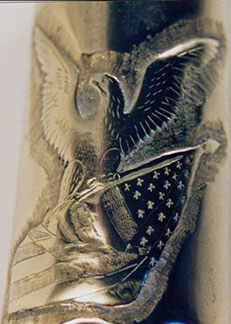 Shell American Eagle defending Flag, middle band of roundels, fluted and varnshed body.