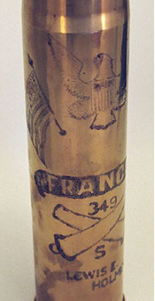 92nd Division shell engraved with US Eagle and Flag, FRANCE on a center banner, 349 [FA] [Battery] S, in the name of Lewis E. Holmes