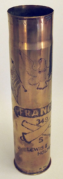 92nd Division shell engraved with US Eagle and Flag, FRANCE on a center banner, 349 [FA] [Battery] S, in the name of Lewis E. Holmes