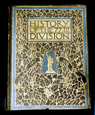 Black and gold cover with blue frame, the insignia Statue of Liberty, oak leaves intertwined and banner 1917-1918. Published in 1919.