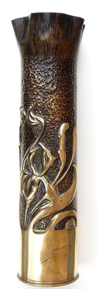 Shell with iris -art nouveau style-, on a darkened embossed background. Top flared.