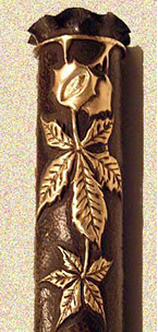 Embossed and darkened background, branch and leaves of horse chestnut, top flared.